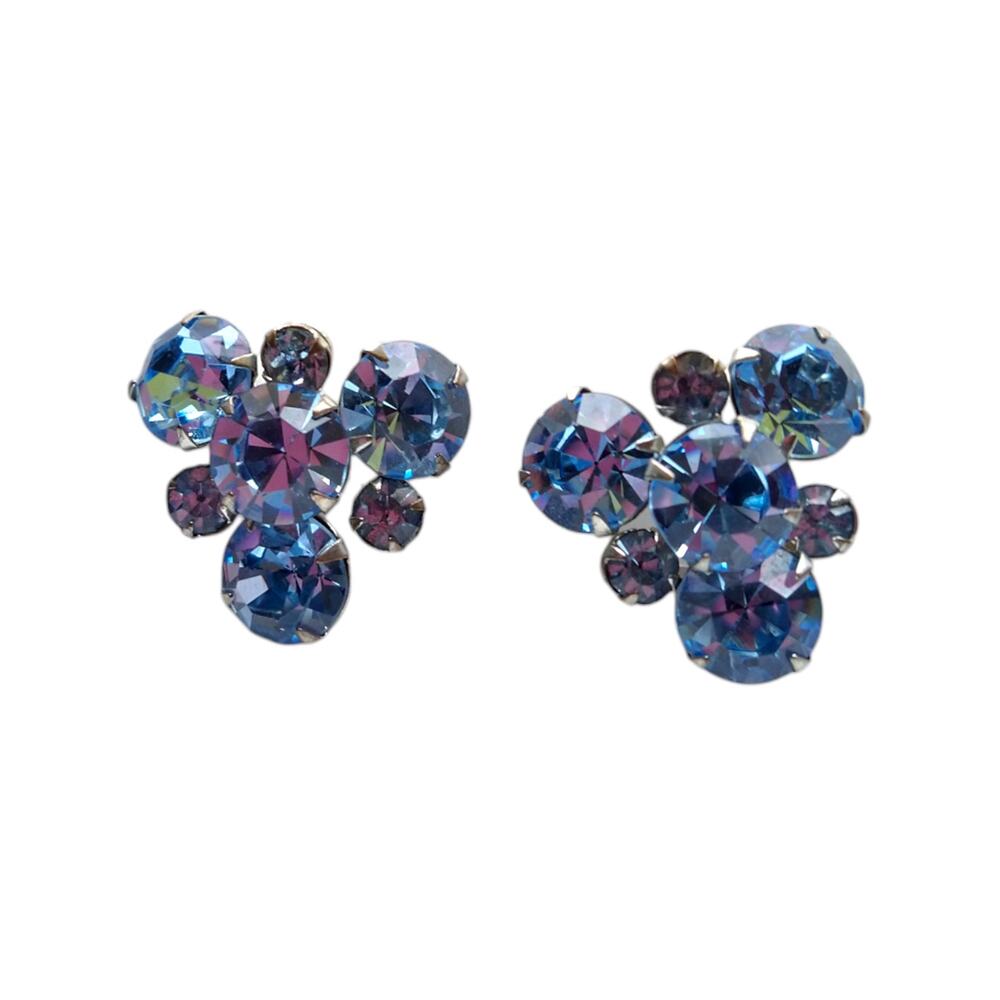 Vintage Blue Aurora Borealis Screw Back Earrings Prong Set